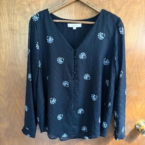 LOFT Black Blue Floral Long Sleeve Blouse Top Sheer Mesh Ruffle Office Work Boho